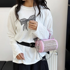 Pink rhinestone cylinder bag with metallic chain strap shown on model for fashion style