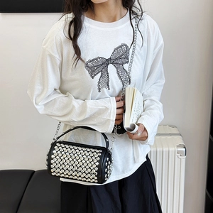 Chic black cylinder bag with sparkling rhinestones and silver chain strap for women