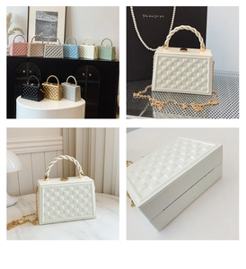 Detail of multi-color quilted box bags with metal hinges and chain straps