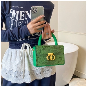 Dettaglio ravvicinato della borsa a scatola verde con finitura testurizzata e fibbia oro