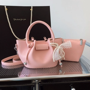 Sac Seau Bandoulière Femme Cuir PU Motif Litchi Plissé Sac À Main Avec Nœud En Dentelle Charme De Künstliche Perle