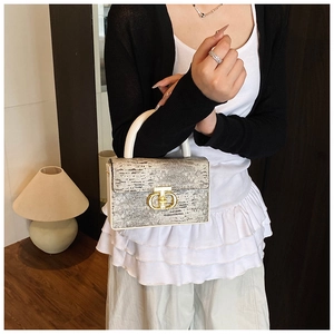 Dettaglio di un'elegante borsa a mano in pelle a motivo lucertola con chiusura dorata