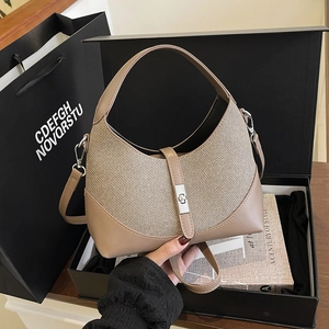 Sac Hobo Chic En Cuir PU Et Coutures En Tissu Couleur Contrastée Demi Lune Sac À Main Bandoulière Pour Femme Quotidien