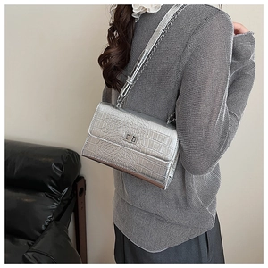 Detail of silver crocodile pattern shoulder bag with metallic lock and chain strap