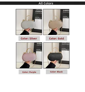 Collage of chic evening clutch bags in silver, gold, purple, and black with chain straps