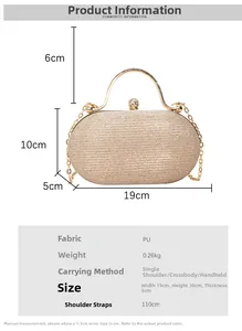 Size guide for elegant gold glitter box clutch with handle and chain measurements