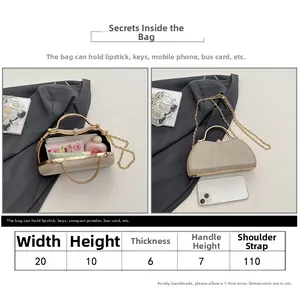 Size chart for champagne gold evening clutch bag with chain strap dimensions