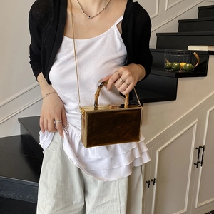 Vintage bronze gold box clutch with bamboo handle and gold chain strap for women