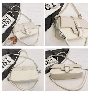 Detail view showing the beige flap shoulder bag with metal chain and top handle features