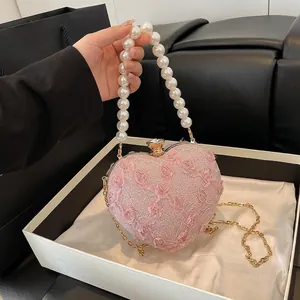 Lace Flower Heart Shaped Evening Bag With Faux Artificial Pearl Handle Metal Chain Crossbody Handbag For Wedding Party Elegant Box Purse
