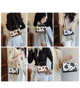 Detail showing cow print handbag with gold hardware handle and chain strap in multiple views