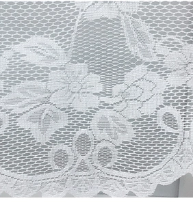 Macro detail of white floral lace fabric with intricate mesh texture and scalloped edges