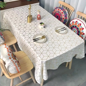 Rectangle tablecloth with white base and gold geometric pattern for dining decor