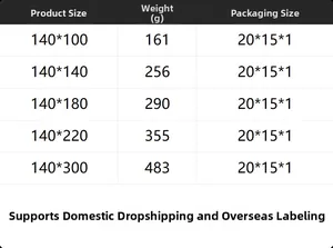 Detailed size chart for minimalist candy yarn tablecloth showing weight and dimensions