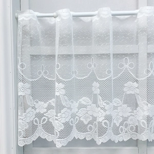 White floral lace cafe curtain with scalloped edges for kitchen and windows