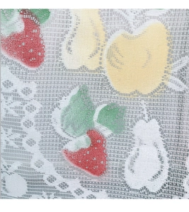Detail of lace kitchen curtain featuring strawberry and pear prints on white mesh fabric