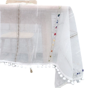 Nordic white semi-transparent tablecloth with colorful dot embroidery and pom-pom trim