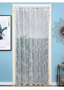 Detailed view of white floral lace door curtain with intricate rose crochet patterns