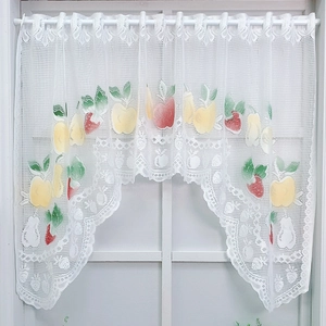 Pastoral White Lace Cafe Curtain Fruit Print Scalloped Edge Rod Pocket Half Curtain For Kitchen Cabinet Decoration