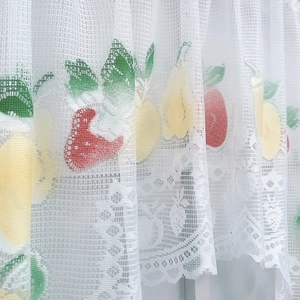 White lace cafe curtain with colorful fruit prints and scalloped edges for home decor
