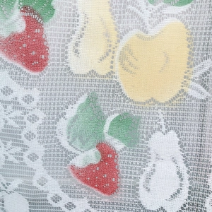 Lace cafe curtain with red strawberry and yellow pear prints on white mesh fabric