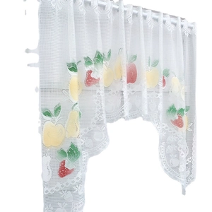 White lace cafe curtain featuring colorful fruit patterns and a scalloped hem design