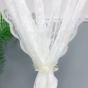 Lace Door Curtain White Floral Embroidery Scalloped Edge Translucent Privacy Screen French Pastoral Style Artificial Pearl Tieback