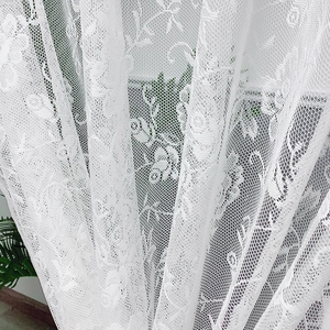 White lace door curtain with floral rose embroidery and breathable mesh texture