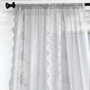 White floral lace curtain with scalloped edges for bedroom and living room decor