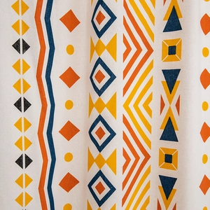 Böhmischer Vorhang aus Baumwollleinen in Beige mit geometrischen Mustern und Fransen