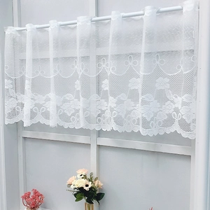 White lace cafe curtain with floral crochet pattern and scalloped edge for kitchen
