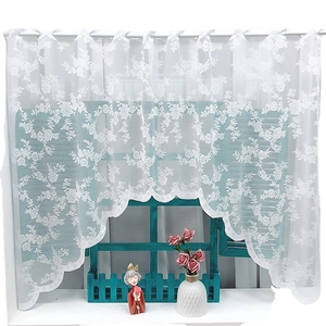 Nordic white lace cafe curtain with rose floral embroidery and scalloped wave hem