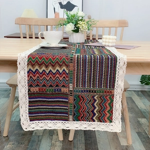 Bohemian Woven Table Runner With White Lace Edge Multicolor Geometric Wave Pattern Polyester Ethnic Style Table Decor