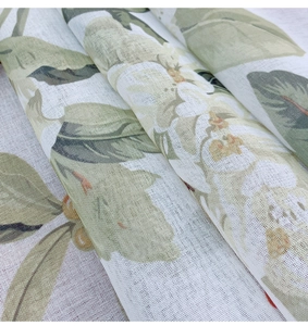 Close-up of rustic floral print on high-quality linen-textured rectangle tablecloth