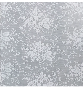 Nahaufnahme von weißem Spitzenstoff mit Jacquard-Blumenmuster und Netzstruktur
