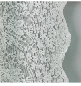 Detail von weißem floralem Spitzenstoff mit aufwendigen Hohlmustern und Wellenkanten