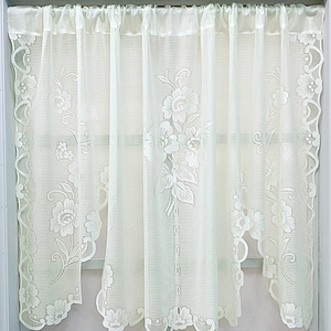 Floral embroidery white lace roman curtain with rod pocket for kitchen and small windows