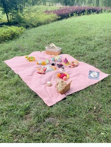 Close-up of moisture-proof pink and white checkered picnic mat on green lawn