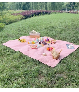 Detail of pink and white checkered picnic mat with waterproof fabric on green grass