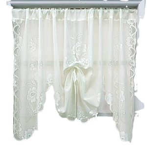 French lace Roman tie-up curtain in cream with floral embroidery and wavy hem