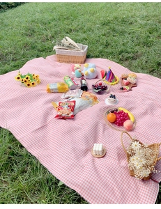 Flat lay of pink and white checkered picnic mat spread on green grass with flowers