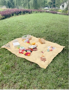 Close-up of yellow plaid picnic mat on grass with outdoor picnic basket and food