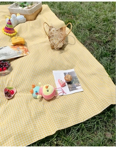Close-up of yellow and white checkered picnic mat with snacks and decor on grass