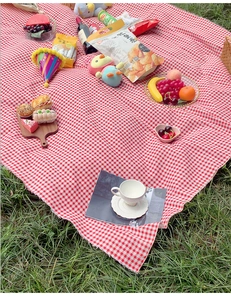 Close-up of red and white checkered picnic mat with fringe edges on green lawn