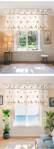 Detail of white lace curtain with embroidered pineapples and oranges in country style
