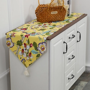 Yellow Floral Bird Table Runner With White Tassels Polyester Fabric For Dining Room Coffee Table Pastoral Home Decor