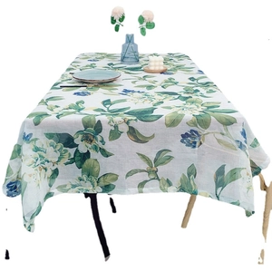 Floral print cotton linen tablecloth in green and blue for rectangular dining tables