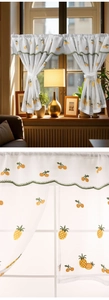 Detail of white lace curtain with fruit embroidery and green wavy edge for home decor