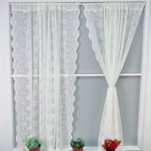 Weiße Blumen Spitze Vorhänge Durchsichtige Voile Fensterpaneele Muschelrand Stangentasche Französischer Vintage Stil