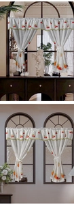 Detail of white semi-transparent cafe curtain with cherry and pineapple embroidery